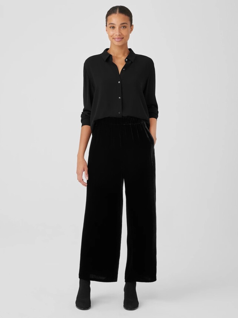 Eileen Fisher Black Velvet Valour Wide-Leg Pull on Pants XL Silk Blend